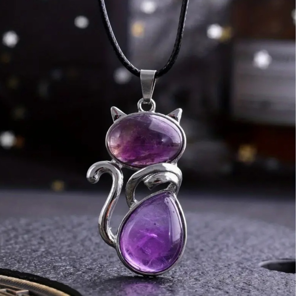 NWT Purrfect Gemstone Amethyst  Silver Tone Cat Pendant with Neck…